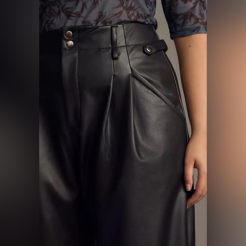 Anthropologie Maeve Faux Leather Black High-Waisted Taper Trousers Size 6 - Picture 6 of 11
